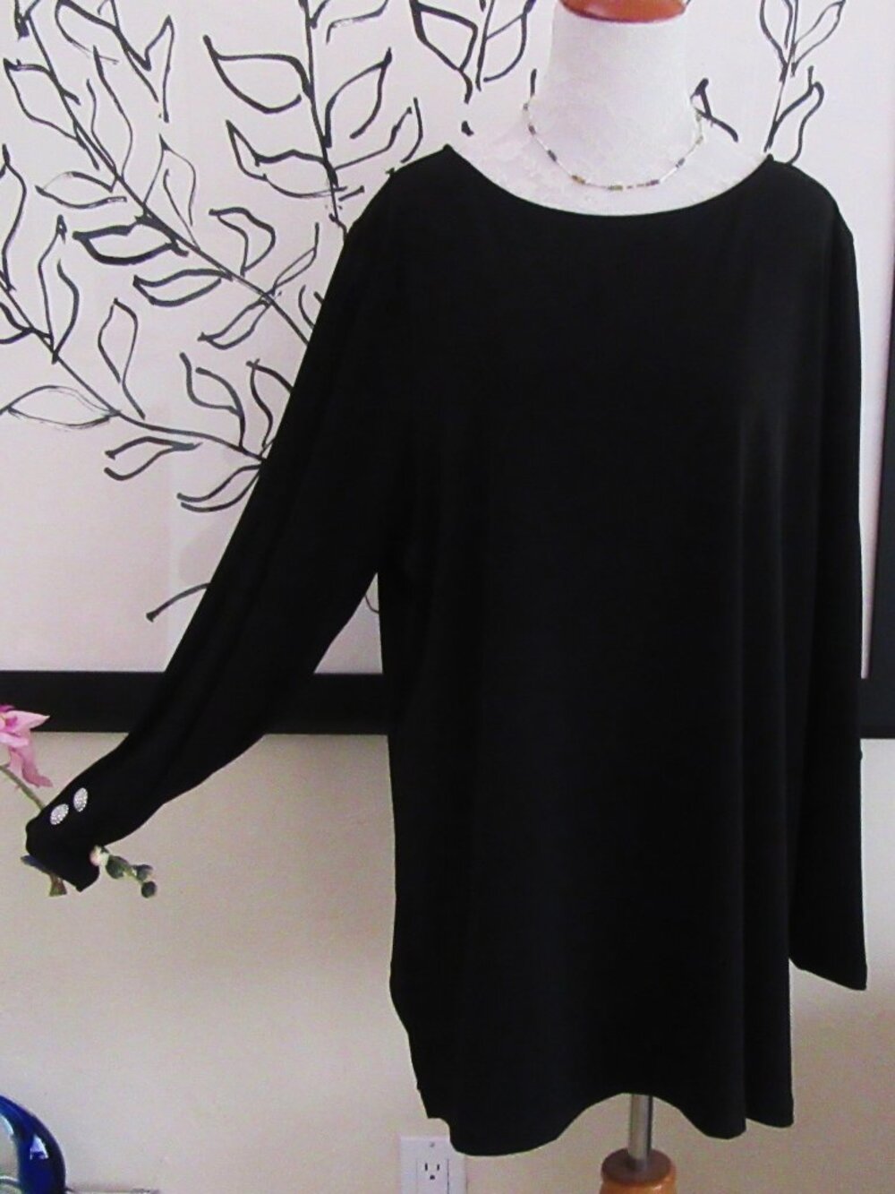 Chico's black polyester long split sleeve tunic rhinestone buttons -Chico's 3=XL